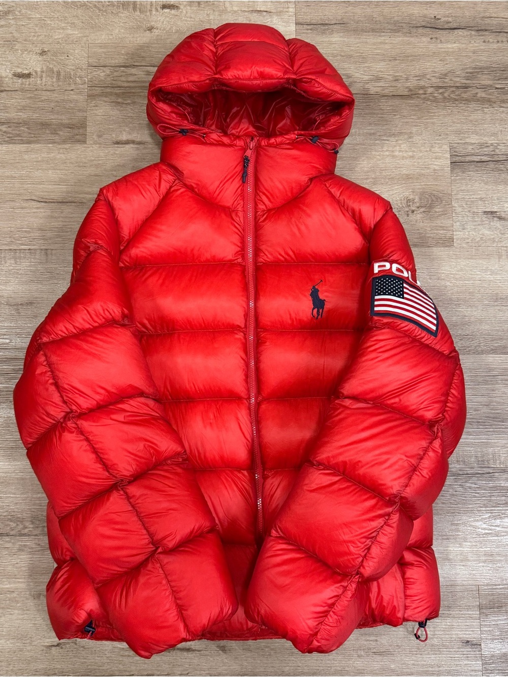 Polo Ralph Lauren USA Flag Down Puffer Jacket Red Hooded Mens Large NWOT $598